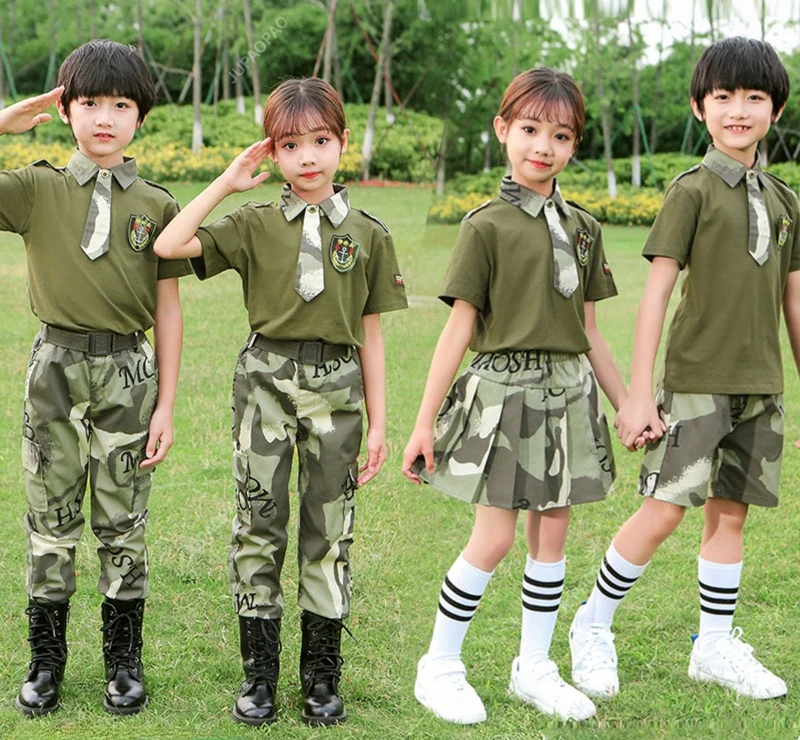 Vestuário de camuflagem de treinamento militar infantil, uniforme militar de acampamento de verão, roupas de desempenho infantil