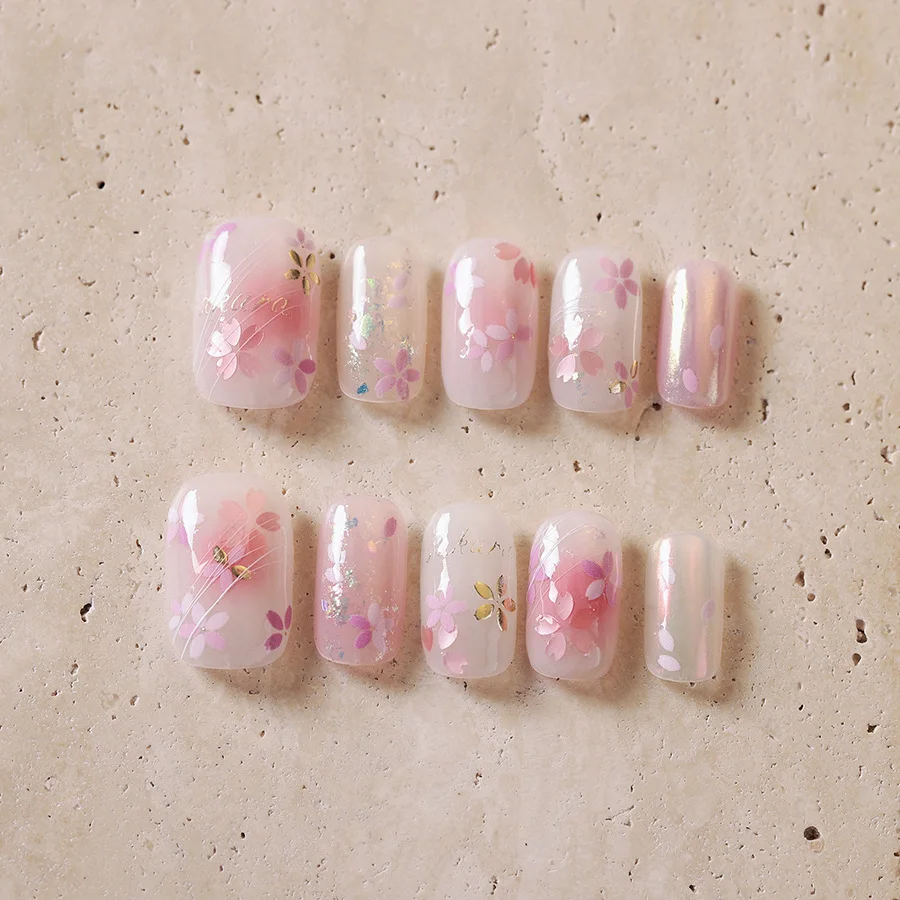 Elegant Pink Gradient Cherry Blossom Gold Flower Hot Nail Sticker Classic Youth Self Adhesive DIY Decals Press on Nails