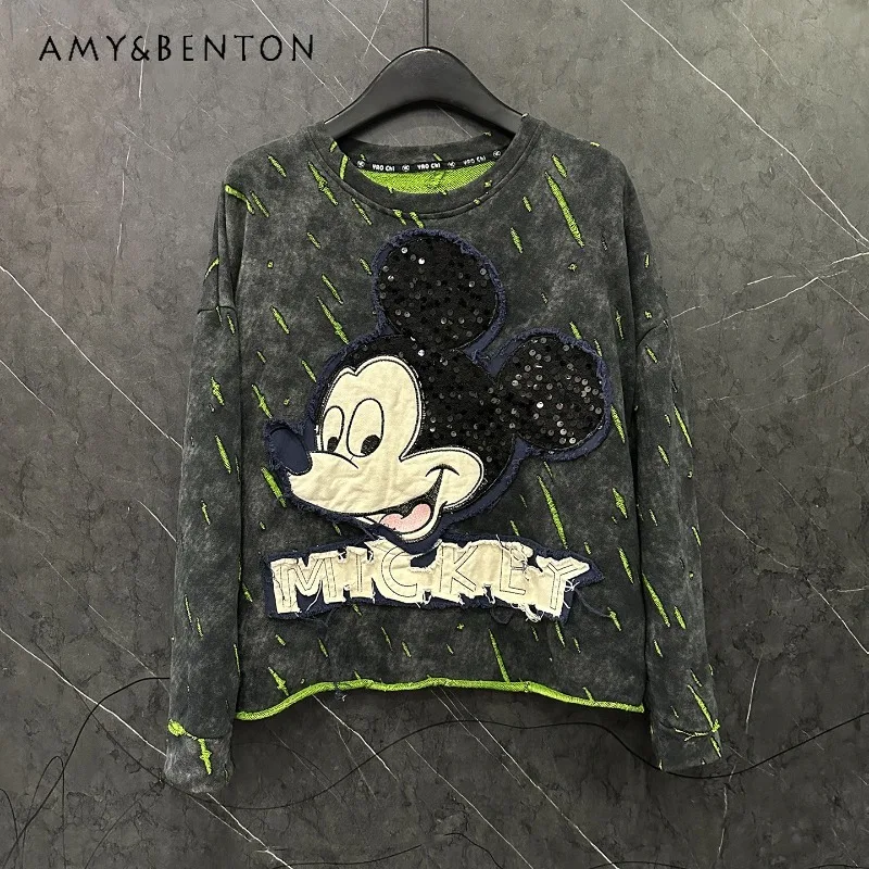 2025 Autumn Heavy Industry New Style Y2k Hoodies Ripped Cartoon Patch Embroidery Crew Neck Sweatshirt For Women Loose Casual Top