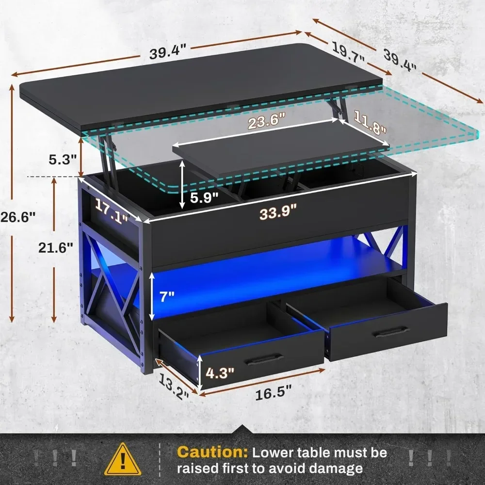 40" Lift Top Coffee Table, 4 in 1 Coffee Tables with Storage, Small Farmhouse Coffee Table with 2 Drawers & LED Light