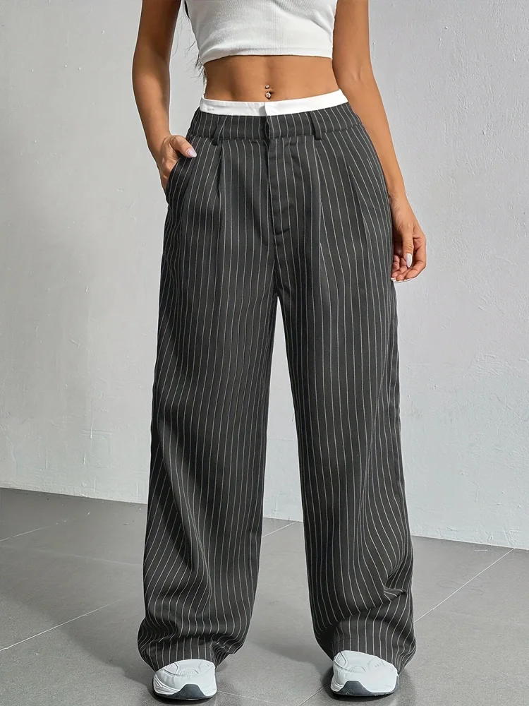 

New Fashion Striped Wide Leg Long Pant Women Spring Summer Formal Straight Women's Trousers Office Lady Elegant Pants