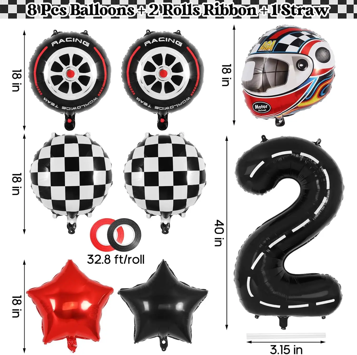 11pcs Race Car Balloons 40 Inch Racetrack Number 1-9 Balloon Large Foil Mylar Racetrack Black Balloon Birthday Party Decoration