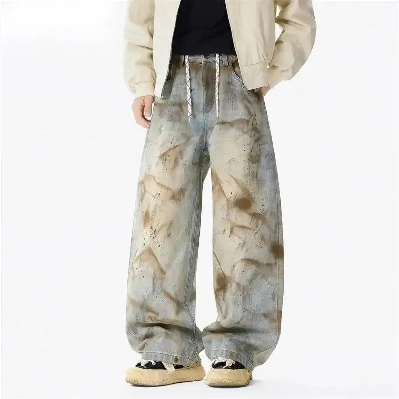 Trendy American Style Men's Jeans Vintage Washed MudDyed Loose Fit Straight Leg Drawstring Design Chic Denim Pants 9XBNRN