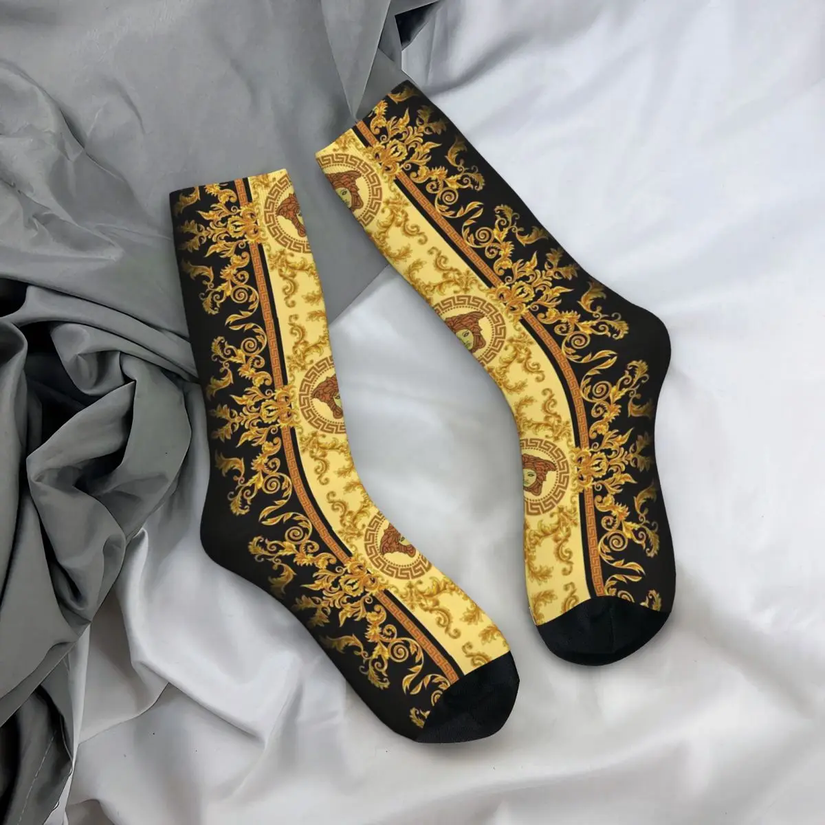 Calcetines de adorno de león dorado y Damasco para hombre y mujer, estampado hermoso a prueba de viento, adecuado para todas las estaciones, regalos de vestir