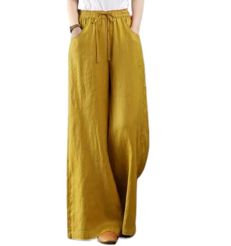 Pantaloni da donna larghi in lino di cotone a gamba larga a vita alta Pantaloni lunghi casual con cintura Coreano Sle Pendolarismo Vento Estate Modello sottile