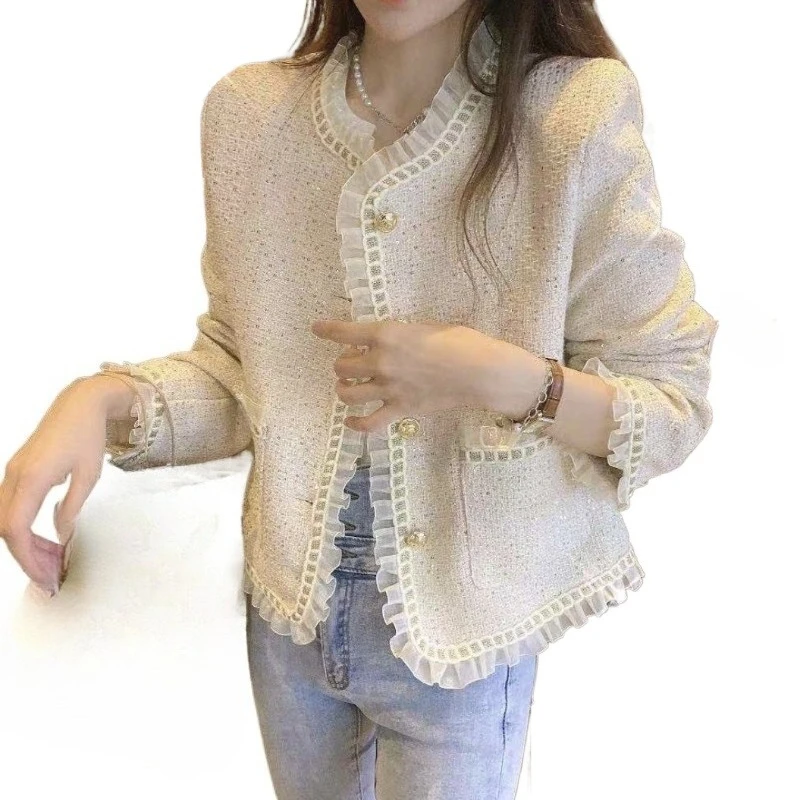 

Temperament Small Fragrant Short Coat Spring and Autumn New Retro Mesh Splicing Tweed Top Coat Simple Commute Women's Jackets