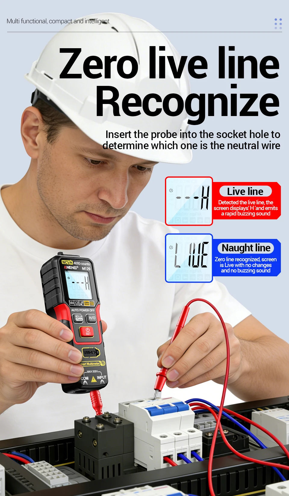 ANENG M129 Wiederaufladbares Digitales Multimeter 4000 Anzeigen NCV AC DC Spannungs- und Widerstandsmessgerät mit Taschenlampe und Auto-Range-Funktion – Detail 8