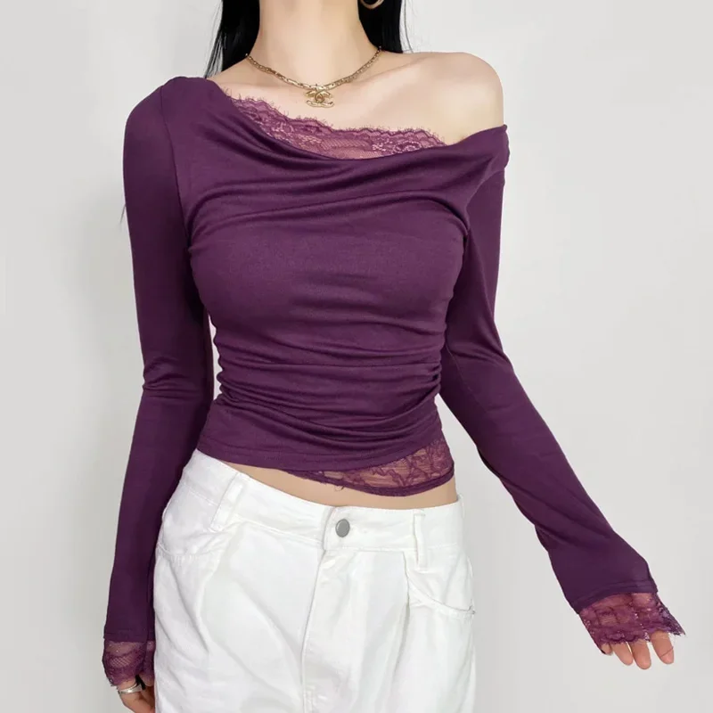 Women's Cowl Neck Asymmetric Hem Top With Ruched One Side Lace Insert Long Sleeved Top