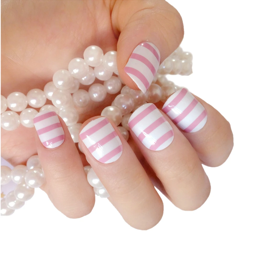 24Pcs 3D Press On False Nails With Glue Sticker Stripe Pattern Shiny Pink Purple Artificial Fake Nail DIY Manicure Accessory