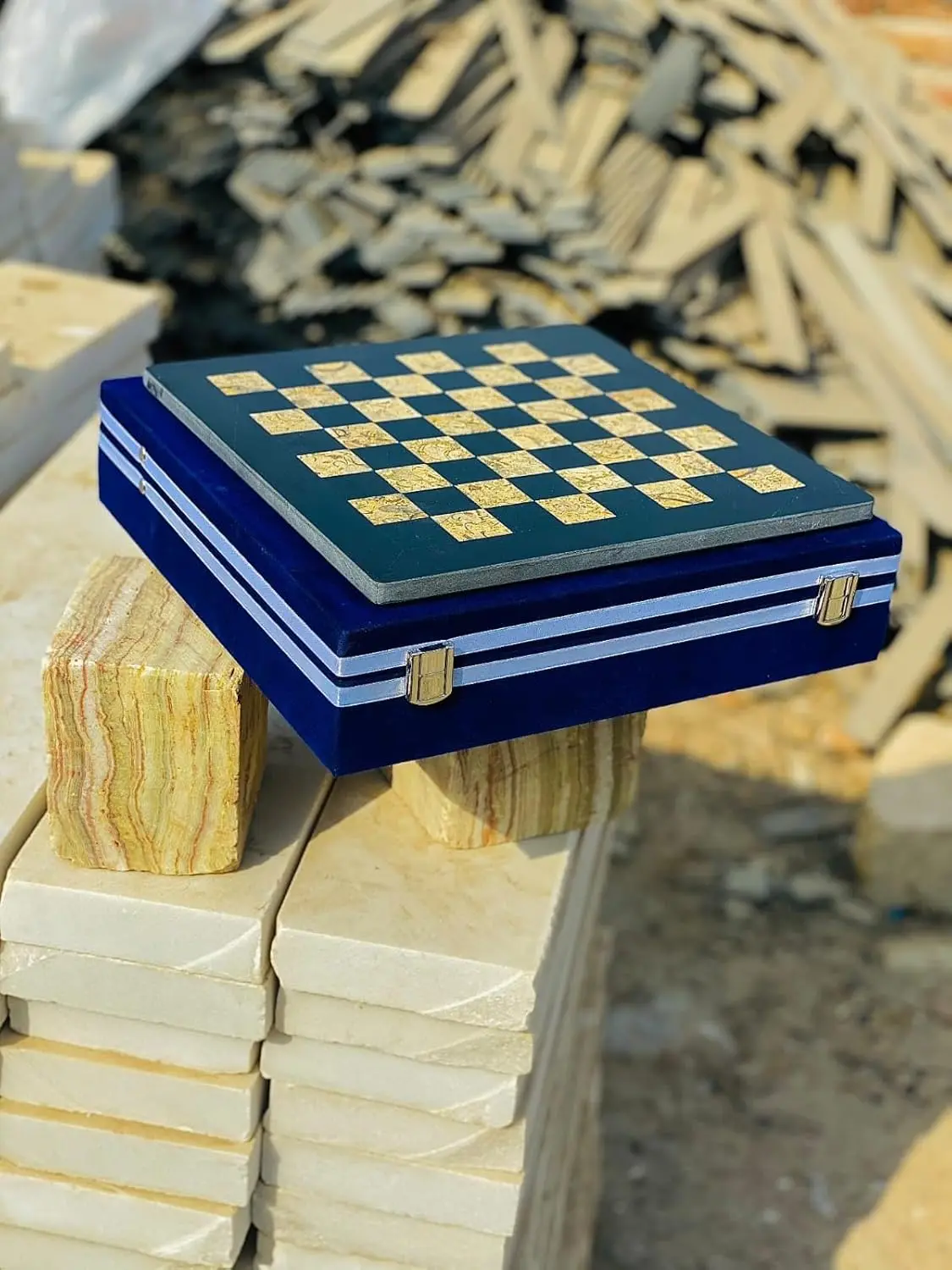 

15-Inch Handcrafted Marble Chess Set with Blue Velvet Gift Box – Stone Chessboard & Carved Pieces (Black Coral)