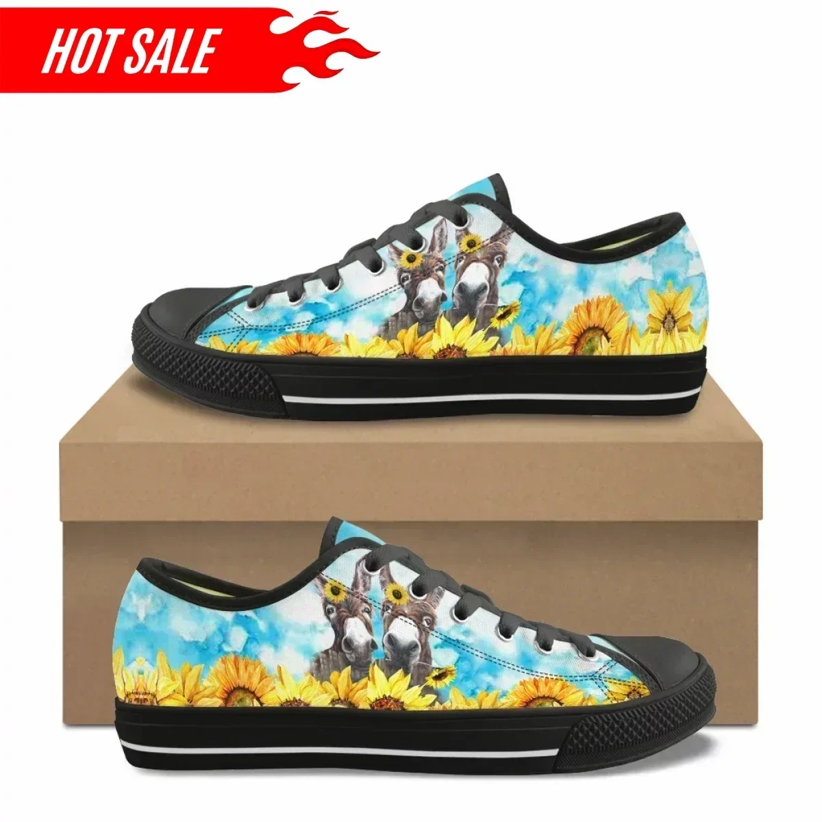 Farm Donkey Sunflower Pattern Print Custom Made Women's Casual Flat Shoes Classic Canvas Shoes Outdoor Sports Low Top Sneakers