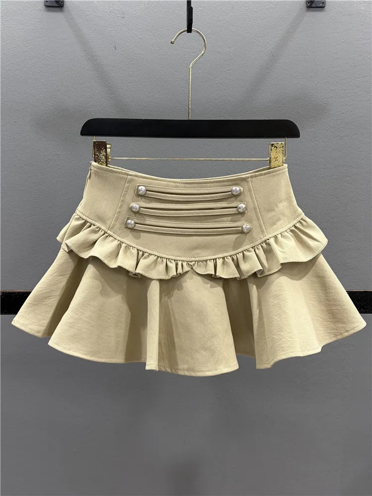 Sweet Gingham Pleated  Skirt Women's A-Line Half-length Autumn 2026 New Style Anti-Light Slimming Sexy Double-breasted
