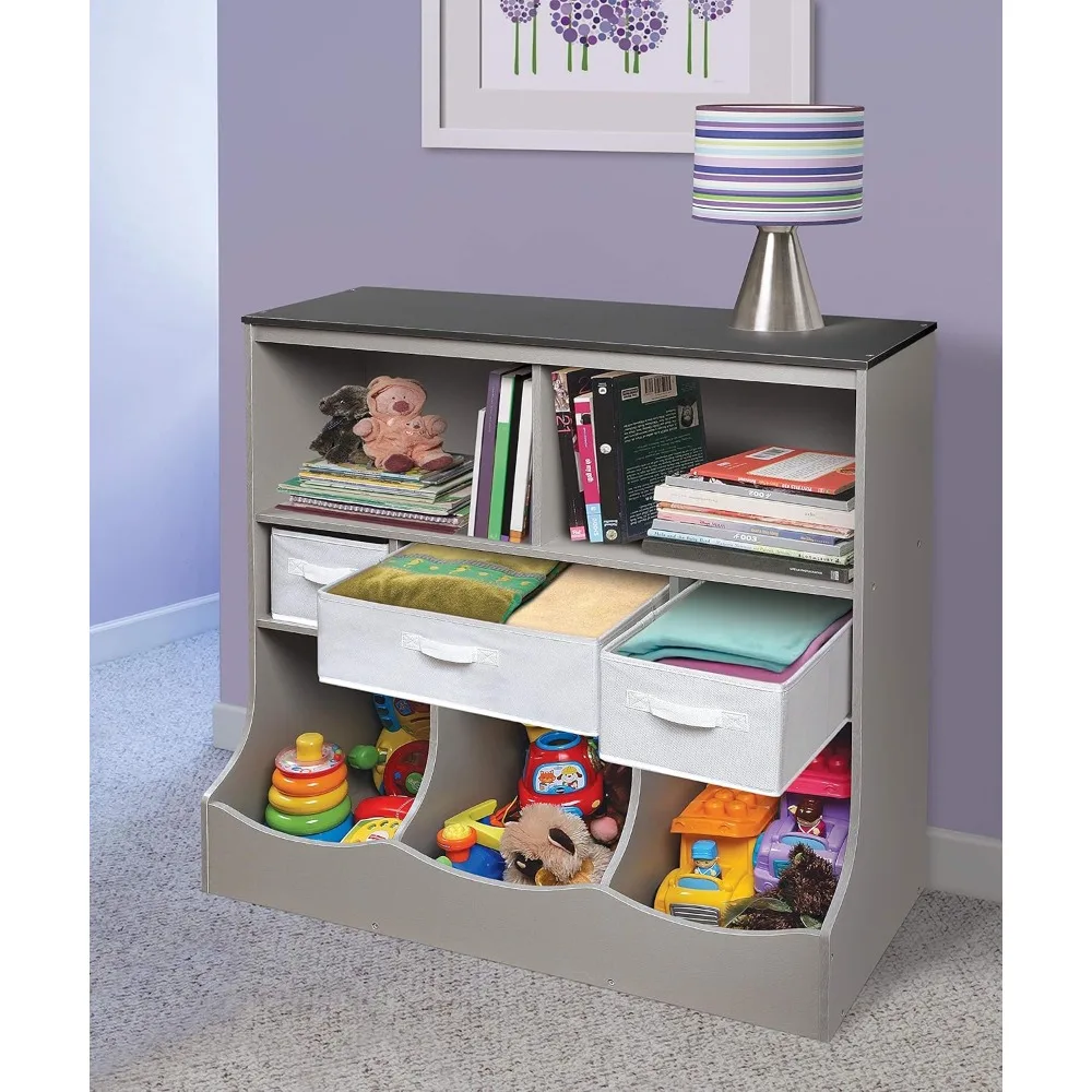 Kids Toy Storage Organizer with 3 Removable Baskets and Open Shelves - Woodgrain Gray Unit for Bedroom Playroom