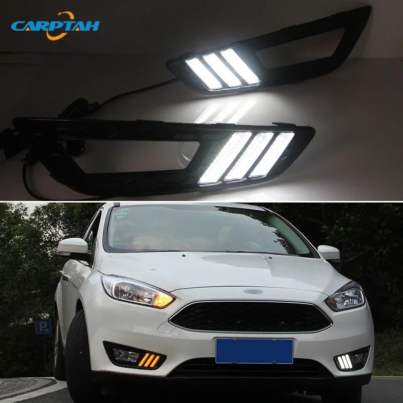 Car LED DRL Daylight For Ford Focus 3 MK3 2015 2016 2017 2018 Yellow Turn Daytime Running Light Fog Lamp Auto Driving Headlamps