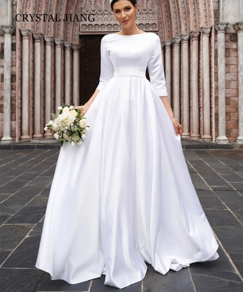 Elegant Long Wedding Dresses Bateau Satin 3/4 Sleeves with Bow Open Back A Line Sweep Train Robe De Mariée for Women