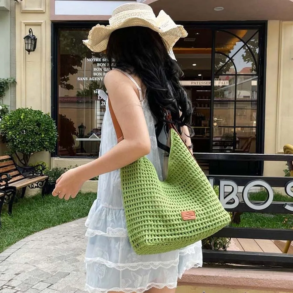 

Casual Crochet Tote Bag Large Capacity Magnetic Button Hollow Woven Bag Korean Style Lightweight Knitting Handbag Beach
