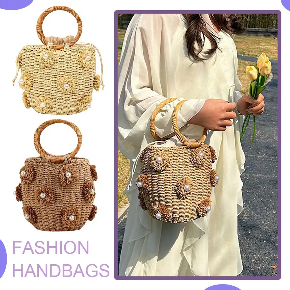 Women Straw Tote Handbag with Pearls Bohemia Bucket Handbag Hand-Woven Straw Bag Summer Holiday Beach Bag