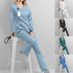 Unisex Top Pants V-neck Long Sleeve Solid Color Nurse Working Uniform Scrubs Set Quick Dry With Pocket Breathable Medical