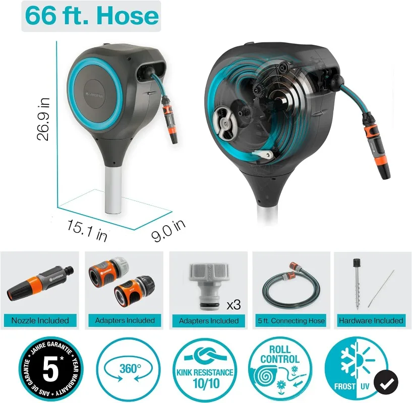 Gardena 66 Foot Auto Retractable Hose Reel on Metal Spike, Feet, Standard, Turquoise, 18614-20