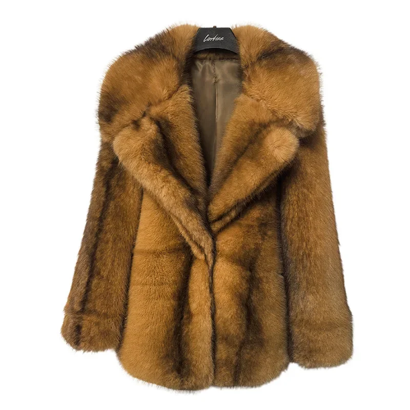 For Female Warm Comfortable Lady Artificial Fur Jacket 2025 Winter Women Eco Fur Coat Furry Lapel Collar Gradient Faux Fur Coat
