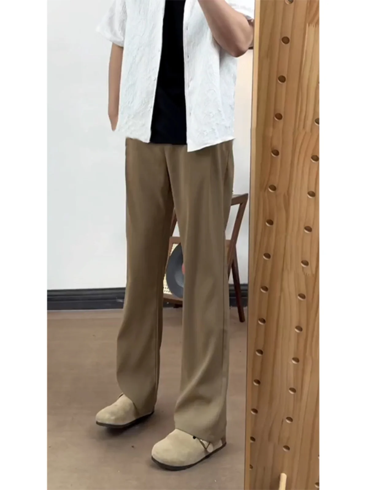 

Брюки мужские летние из ледяного шелка цвета хаки, прямые, расклешенные, с эффектом драпировки, для повседневной носки и офиса