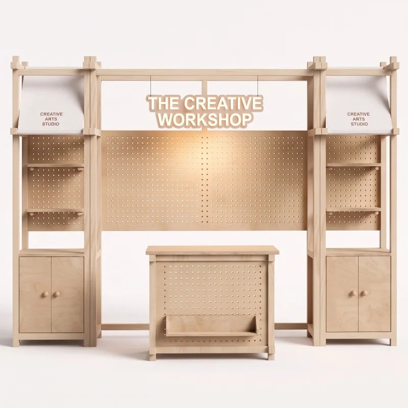 Detachable Wooden Pegboard Display Cabinet, Exhibition Booth Rack for Pop-up Shop & Themed Zone Merchandise Show