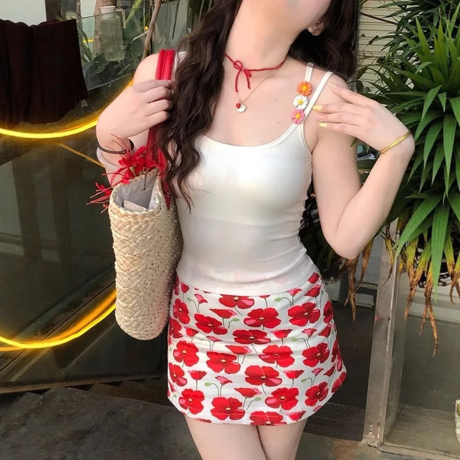 Dopamine Outfit Suit with Padded Camisole Women's Summer High Waist Printed Skirt and Hip Skirt Two-piece Set