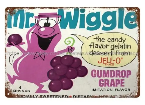 Letreros de cocina de metal 1967 gota de goma uva caramelo Sr. Wiggle Jell-O letrero de estaño de metal
