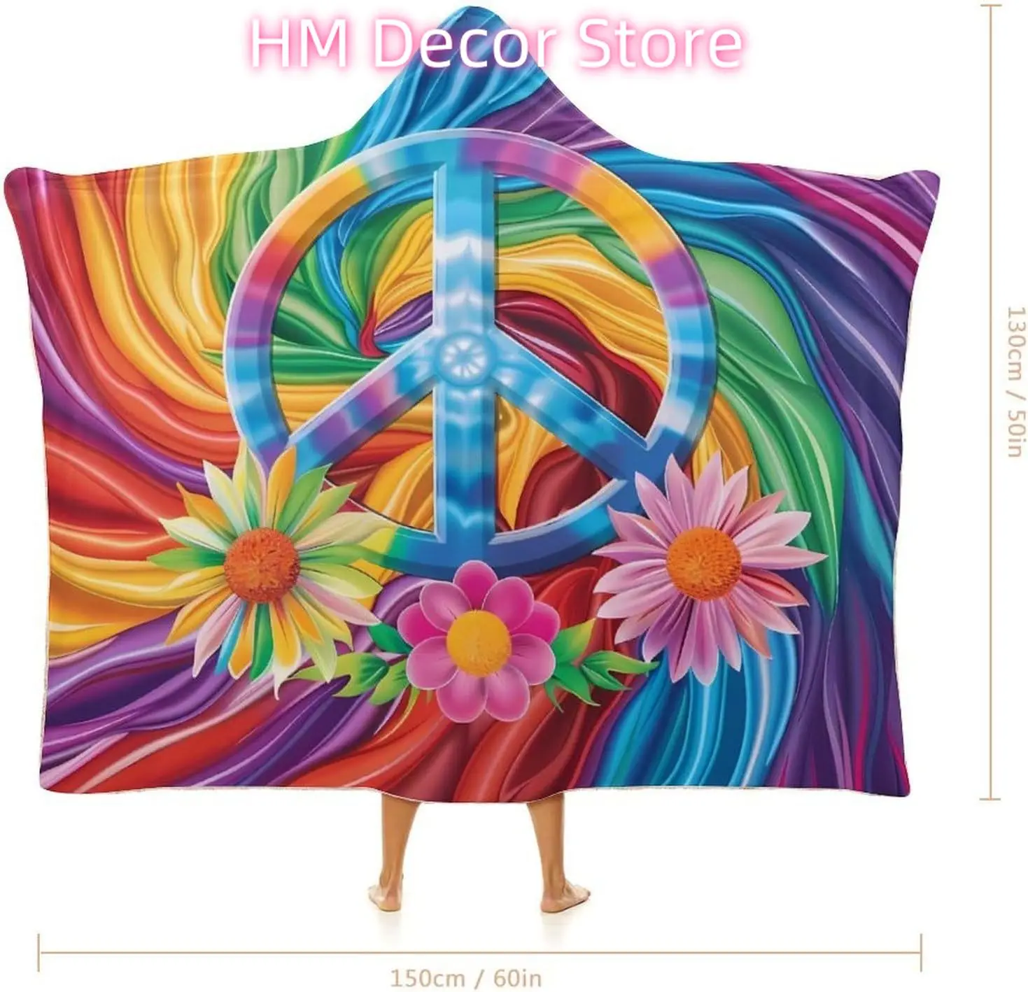 Colorful Peace Sign Tie Dye Wearable Hooded Blanket Warm Cozy Blanket Wrap Oversized Throw Cape