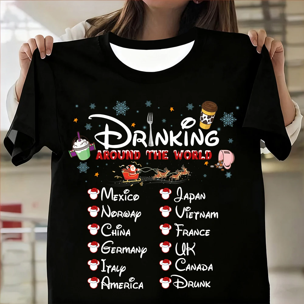 

Новая женская брендовая одежда с рождественским принтом Disney Drinking Around The World, футболка большого размера, летняя модная повседневная уличная одежда