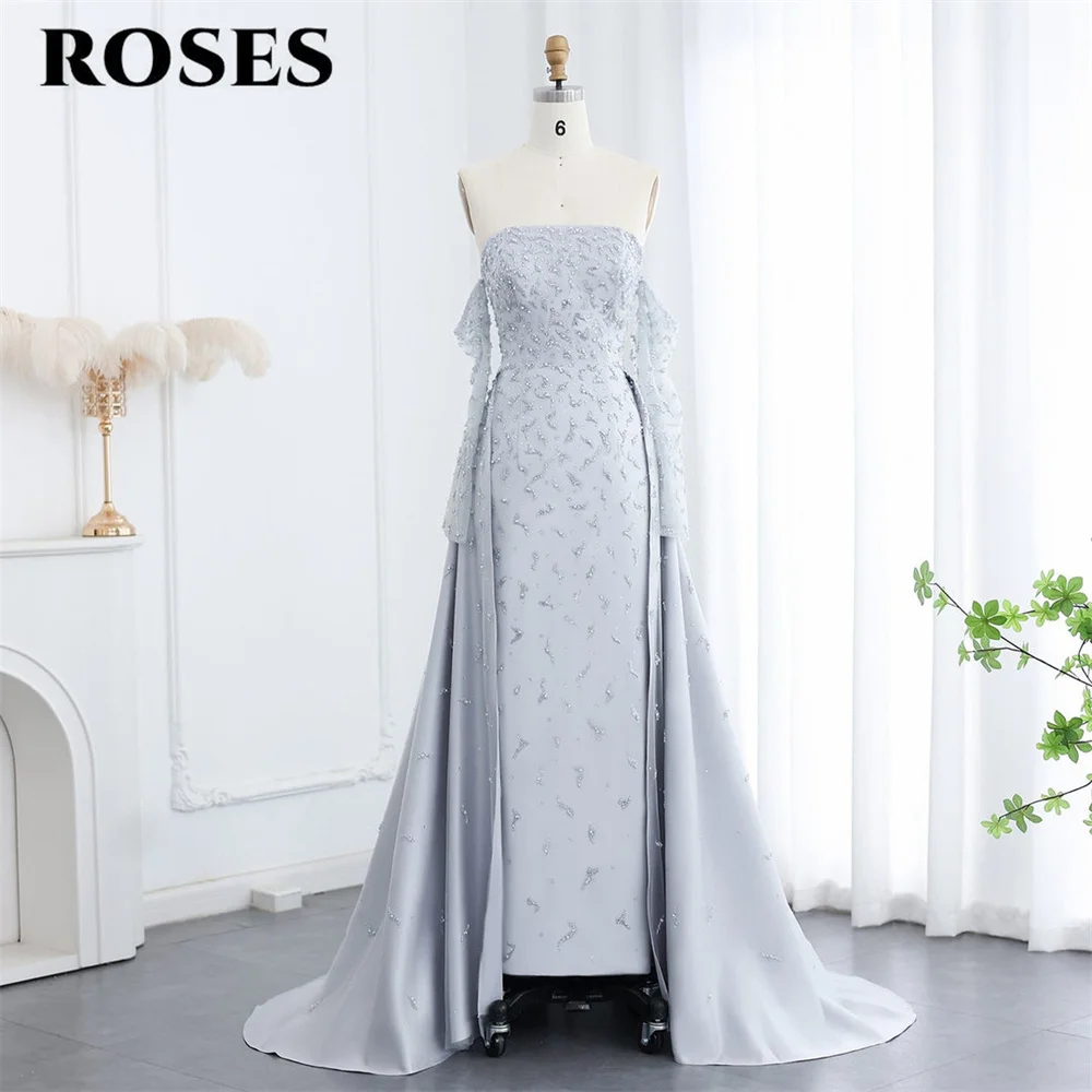ROSES Blue Elegant Prom Dress Strapless Party Dress Beading Satin Off the Shoulder Mermaid Evening Dress for Woman Customized