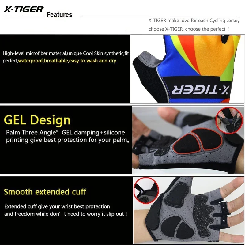 X-TIGER Rękawiczki rowerowe z półpalcem Pro Racing Gloves 3D GEL Pad Mężczyzna Kobieta Oddychające antypoślizgowe rękawiczki sportowe MTB Bike