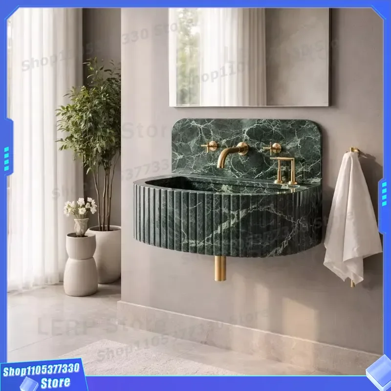 Luxury Green Leaf Pattern Marble Sink Natural Stone Half Moon Arched Basin for Bathroom Design Modern Vanity Washbasin Home
