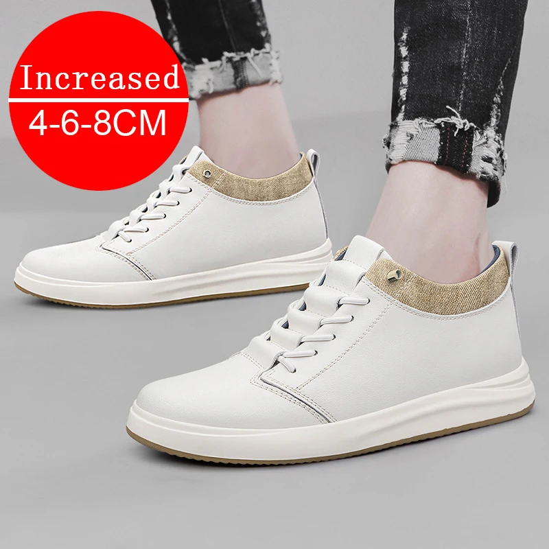 

White Chunky Sneakers Men Lift Height Increase Insole Genuine Leather Shoes Leisure Comfortable Breathable Sports Running Shoes