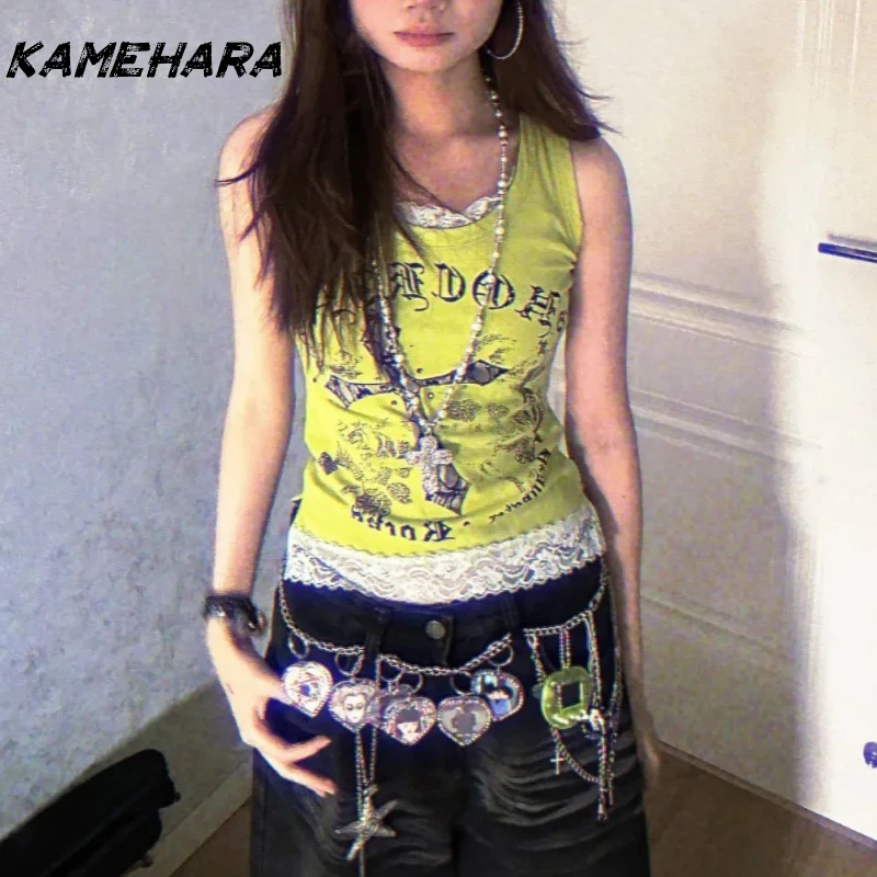 

KAMEHARA Women's Hottie Halter Vest Retro Subculture Graphic Print Camisole Harajuku Street Lace Patchwork Tanks Female Punk Top