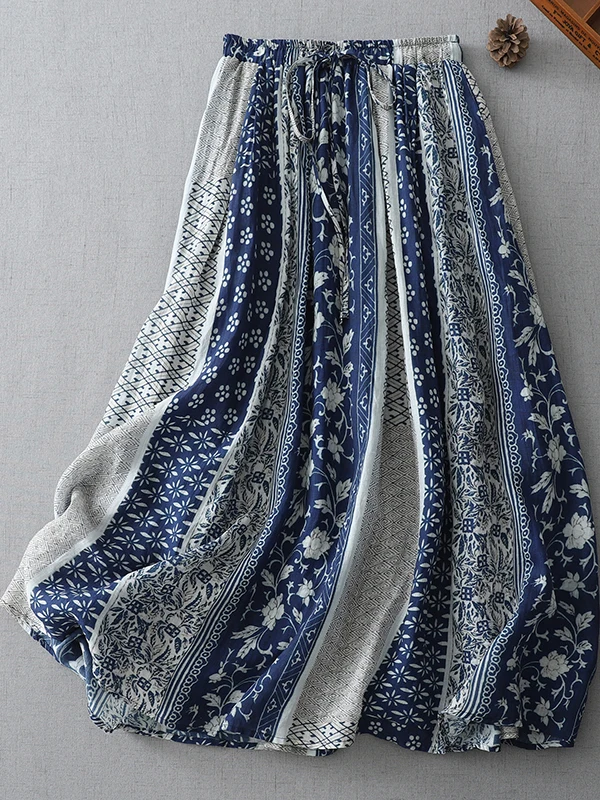 

Retro Print f Skirt Women's Summer Thin Elastic Waist Loose Fit A-Line Cotton Linen Skirt with ket High Waist Design