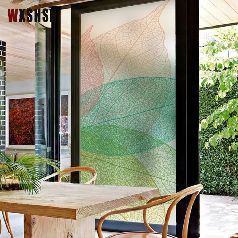 Stained Glass Window Film Non-Adhesive No Glue Leaf Pattern Privacy Protection Home Decoration Frosted  RemovabFrosted Tint-Film