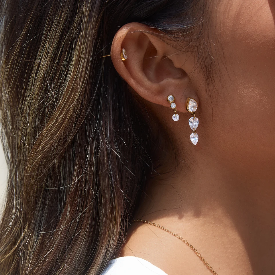 Spark & Co 3Pcs/Set Exquisite Zircon Tassel Long Drop For Women 18K Gold PVD Plated Stainless Steel Earring Jewelry