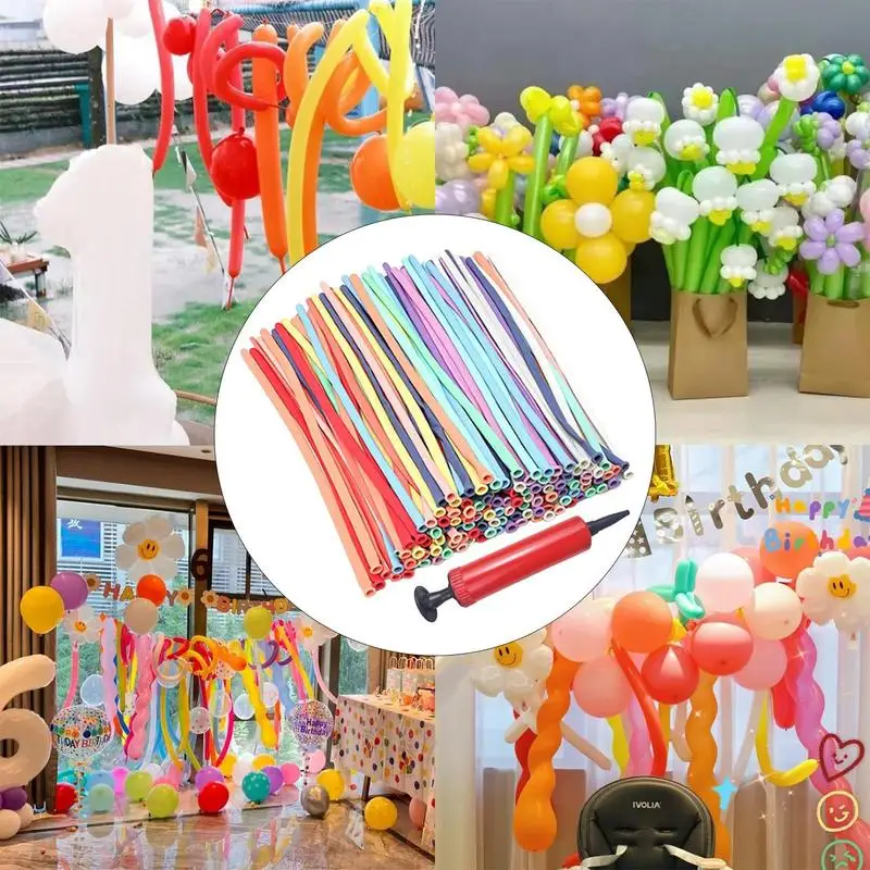 100pcs Long Balloons With Pump Latex Long Balloons Assorted Color Home Decorations Modeling Balloons With Mini Pump For Decore