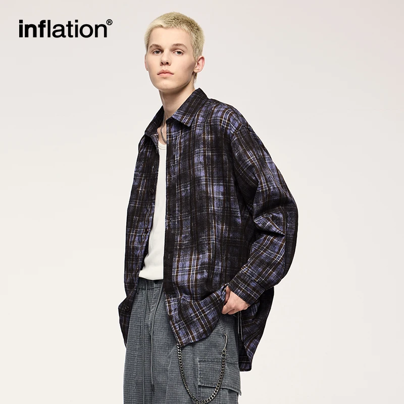 INFLATION Dirty Dyed Plaid Shirts Men's High Street Wasteland Style Loose Checkered Shirt