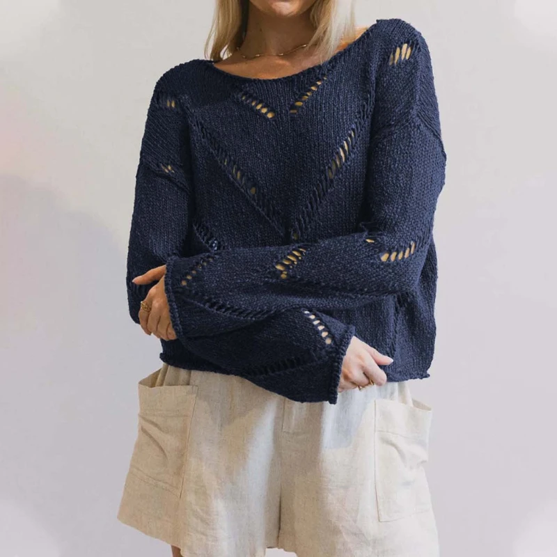 

2025 Autumn New Solid Color Lazy Wind Cutout Thin Knitwear Sweater Women's Long Sleeve Crop Top Women