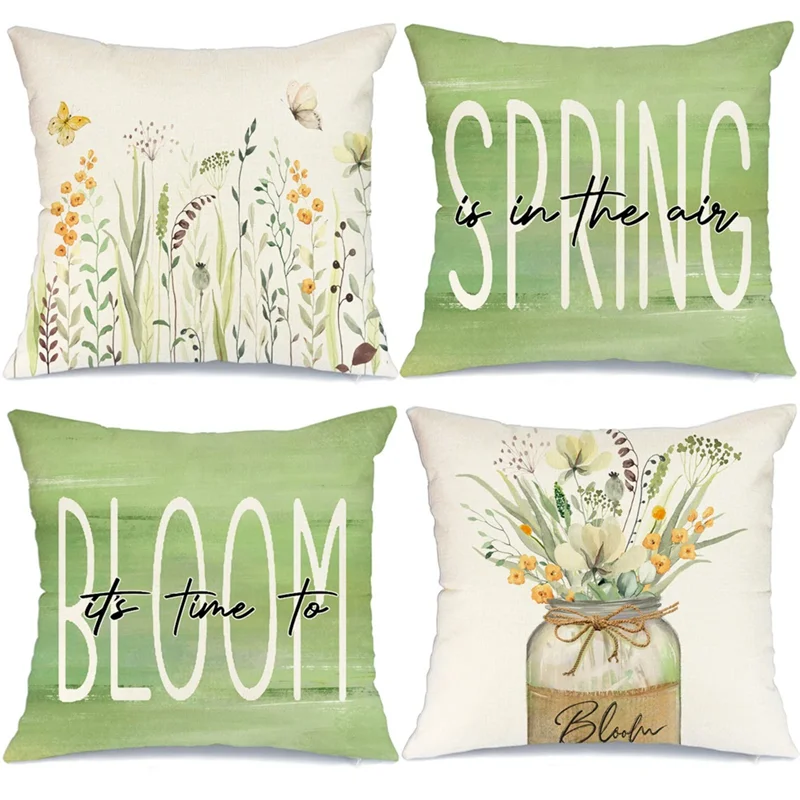 PB-Spring Pillow Covers 18X18 Set Of 4 Spring Decorations Farmhouse Throw Pillow Home Sofa Decor Cushion Case