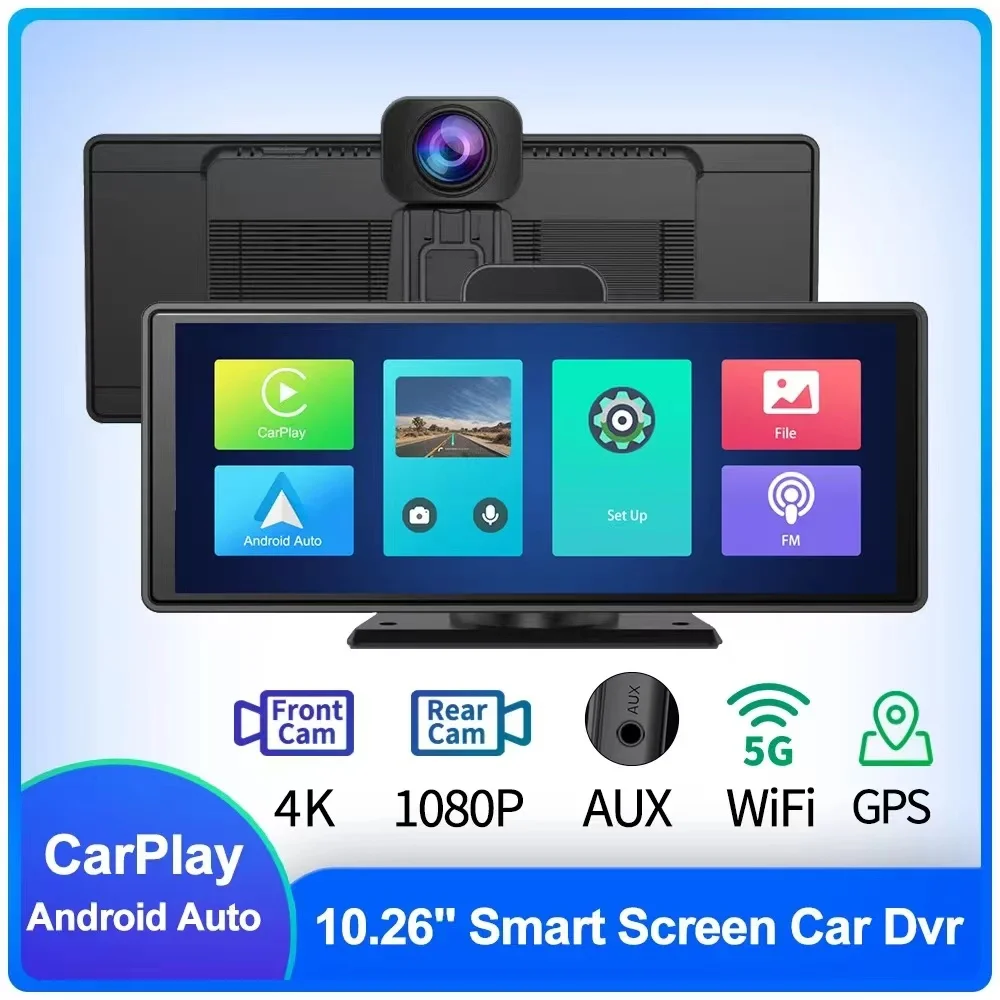 Upgraded 10.26 Inch 5G WIFI GPS ADAS USB AUX Portable Wireless Carplay Android Auto AirPlay Miracast Dash Cam 4K+1080P Dashboard