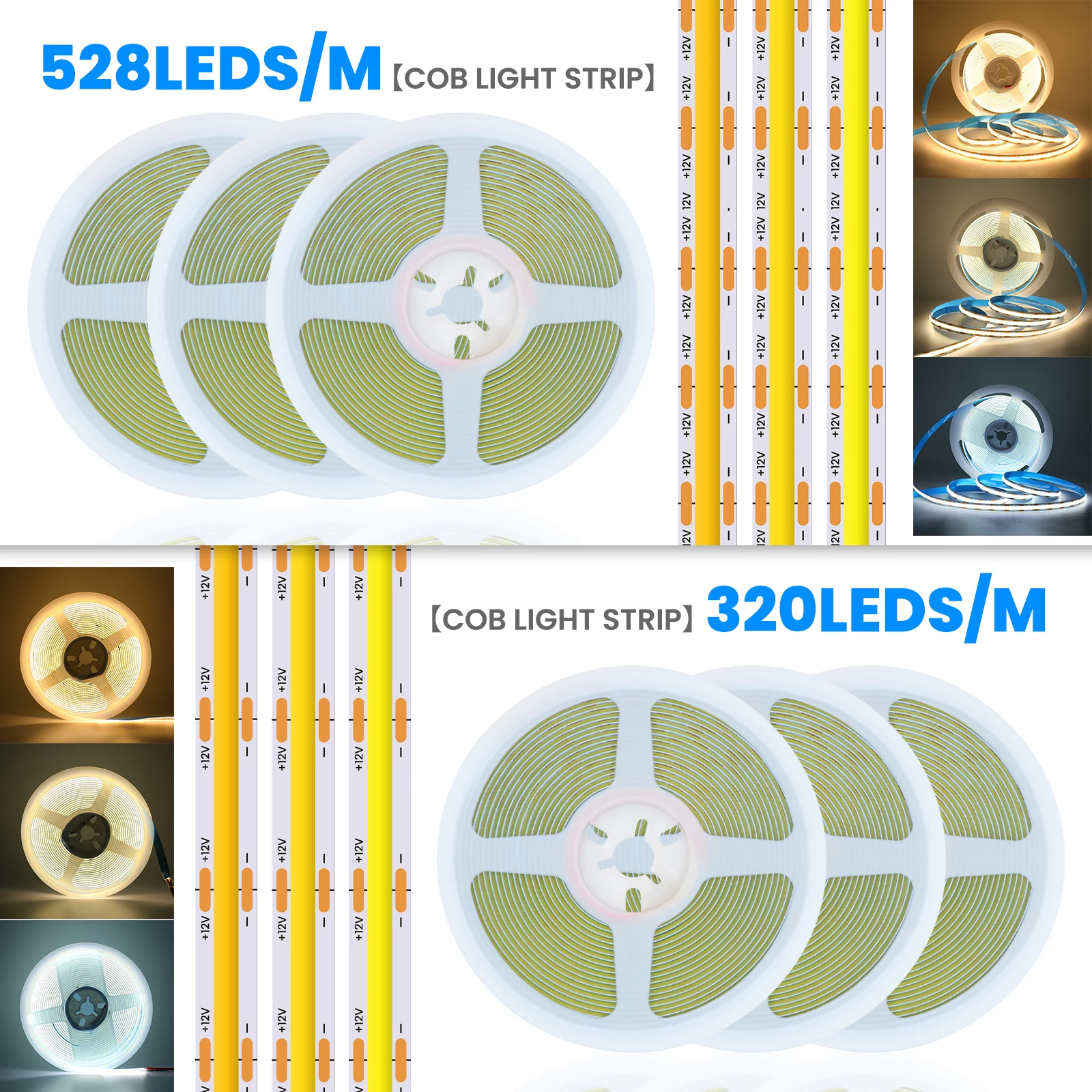 Tira de luces LED COB de 12V, 24V, 320, 480, 528LED/M, cinta de luz ultrafina de 8MM, 5M, 10M, iluminación lineal FOB regulable, lámpara RA90 de