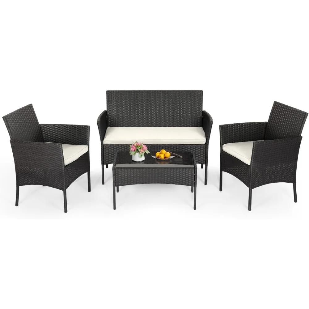 

4-Piece Patio Furniture Set | Outdoor Wicker Furniture with Coffee Table | Modern Rattan Chairs Conversation Set | Outdoor