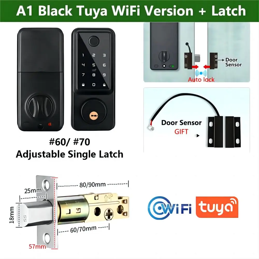 Tuya app wifi fechadura eletrônica suporte 5 métodos de desbloqueio impressão digital + senha + cartão lc/nfc + chave para desbloquear + tuya app para porta de madeira