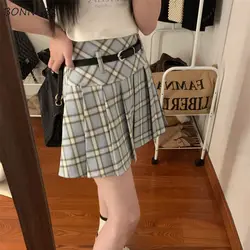 Vintage Plaid Pleated Skirts Women Mini A-line Contrast Color Korean Style Stylish All-match Classic Preppy Fashion Students BF