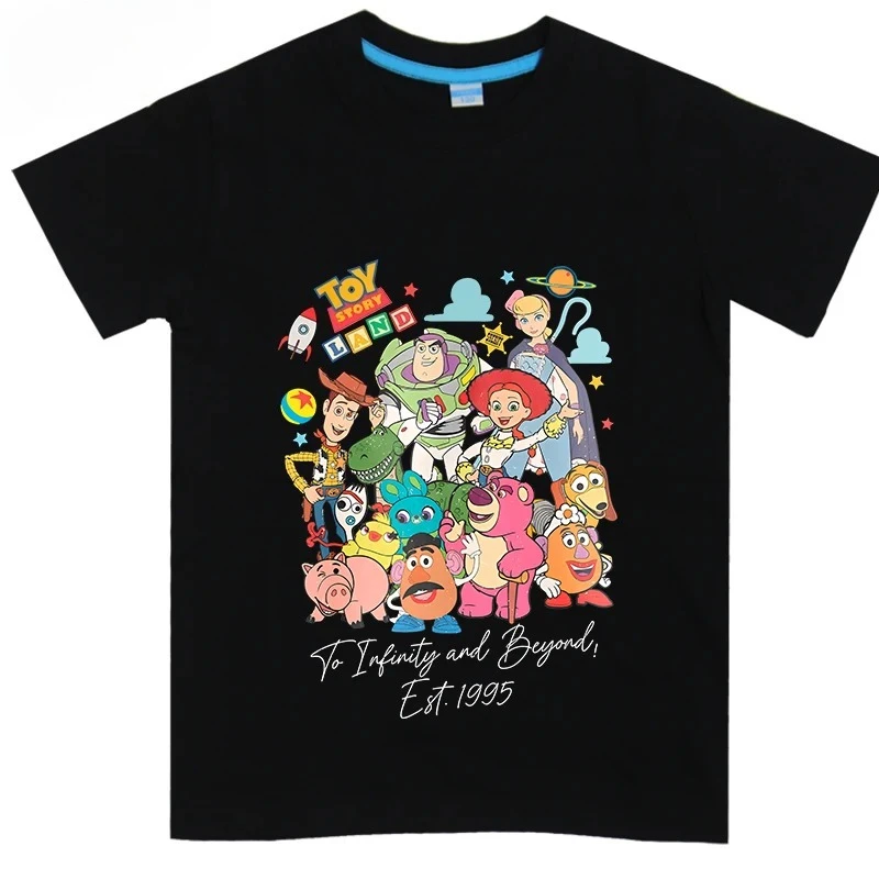 

Disney Toy Story Land To Infinity and Beyond 1995 Printed Kids T-shirt Pure Cotton Short Sleeve Cartoon Top for Boys and Girls