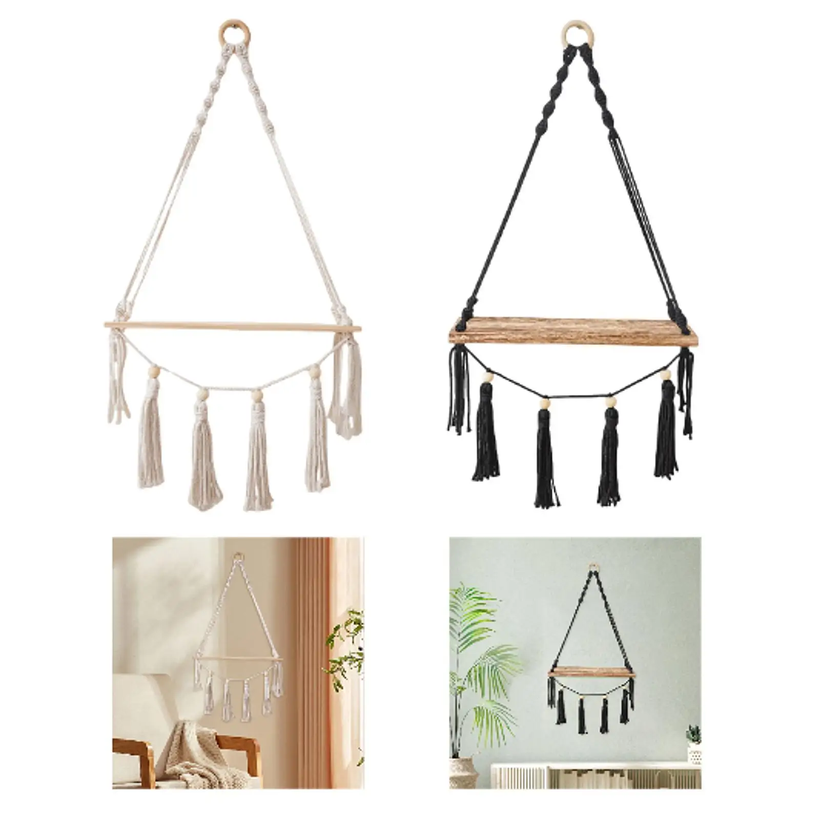 Mensola sospesa a parete in macramè, espositore in legno, mensola sospesa rustica Boho, decorazione da parete per soggiorno camera da letto