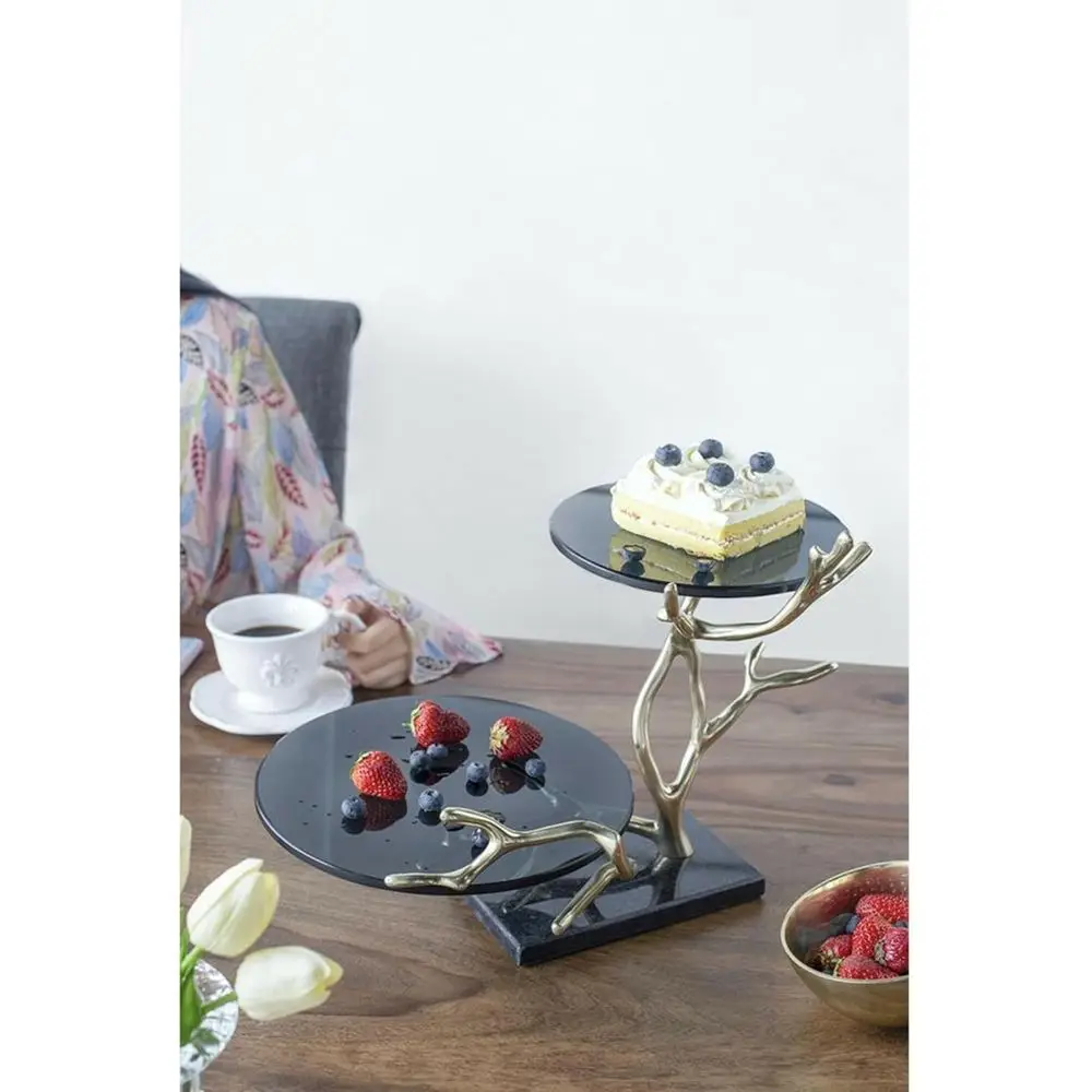 Luxurious 16.9 Gold & Black Aluminum 2-Tier Cake Stand with Glass & Granite, Perfect for Dessert Displays and Decorative Centerp